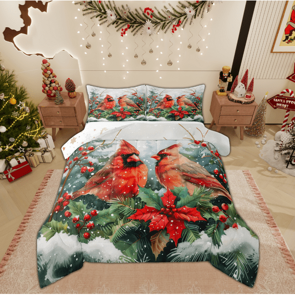 Manfei Christmas Bird Robin Bedding Comforter Set for Kid, Winter Flower Plant Twin Comforter Sets, Countryside Reversible Bedding Set, Microfiber Bedroom Decor, 2 Pieces