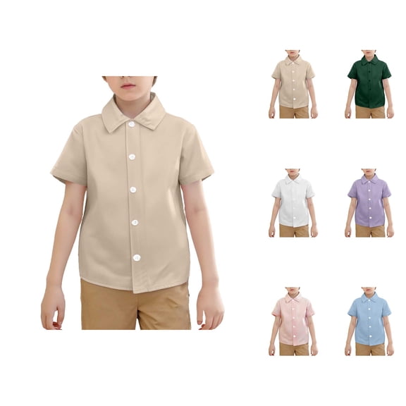 Boys Girls Dress Shirt Summer Short Sleeve Button Down Lapel Collared Plain Basic Shirts Kids Beach Shirt