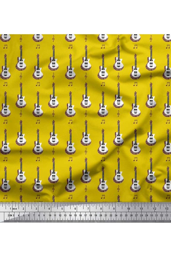 Poly Georgette Fabric Notes & Guitar Musical Instrument Print Sewing Fabric Yard 52 Inch Wide