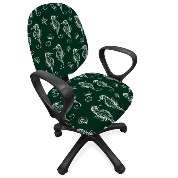 Nature Office Chair Slipcover, Hand Drawn Inspired Seahorses and Seashell Silhouettes Sketched Design, Protective Stretch Decorative Fabric Cover, Standard Size, Dark Green and White, by Ambesonne
