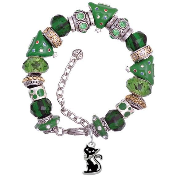 Silvertone Black Sitting Cat Green Christmas Bead Bracelet