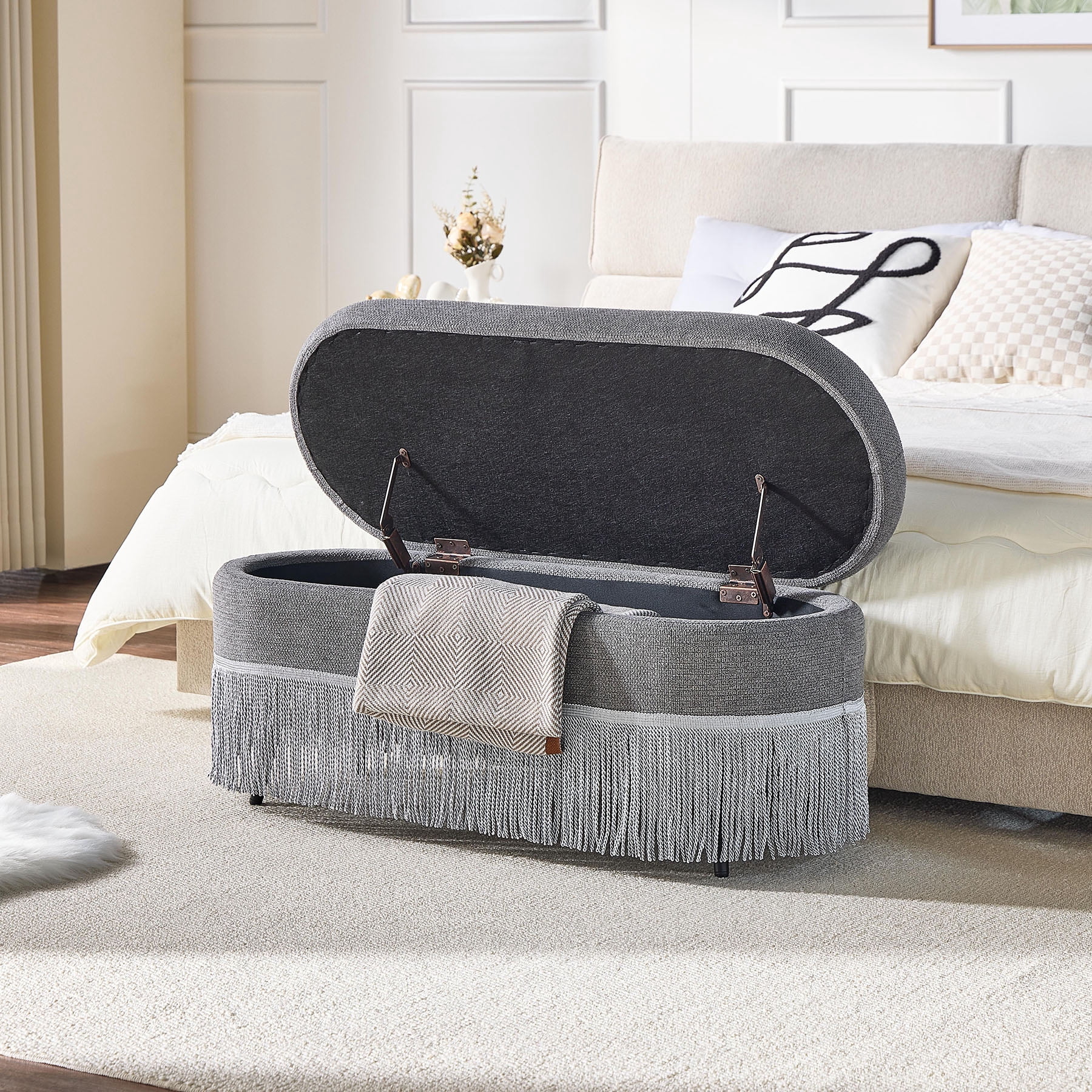 S-HOME Multi-Functional Oval Storage  Upholstered Ottoman with Lift-Top Lid and Metal Legs 39 Inches for Extra Seating and Clutter-Free Organization, Grey