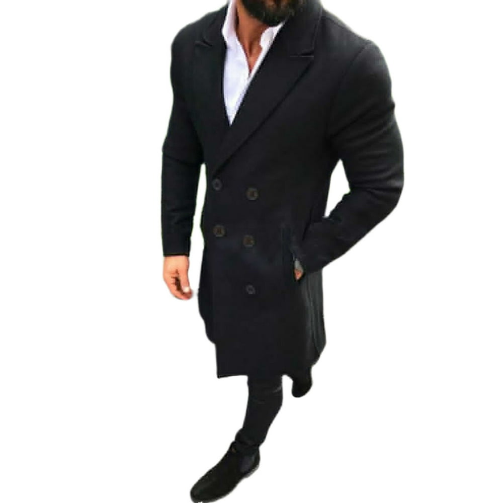 Mens Winter Trench Coat Double Breasted Warm Outwear Long Jacket Formal ...