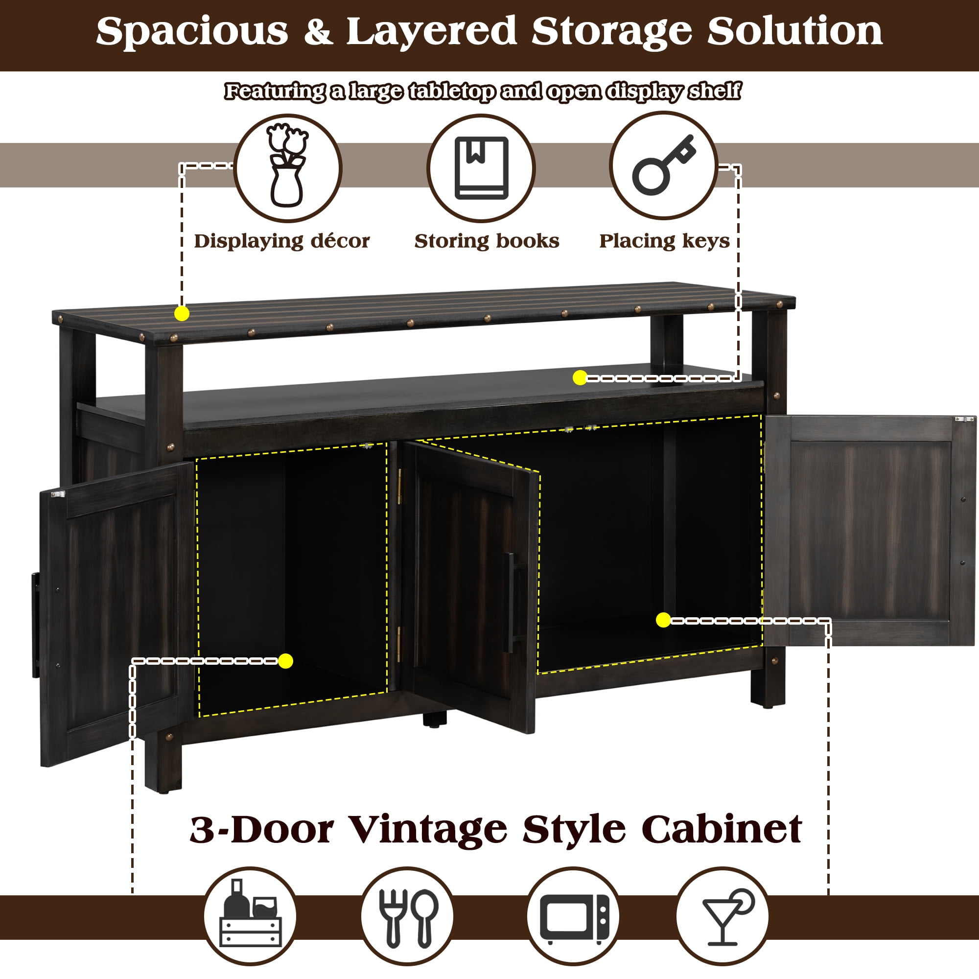 55.1"Pine Wood Buffet Cabinet With 3-door Storage, Sideboard Cabinet with Dual Storage areas,Coffee Bar With Metal Handles And Exposed Metal Rivets For Dining Room, Kitchen, Living Room