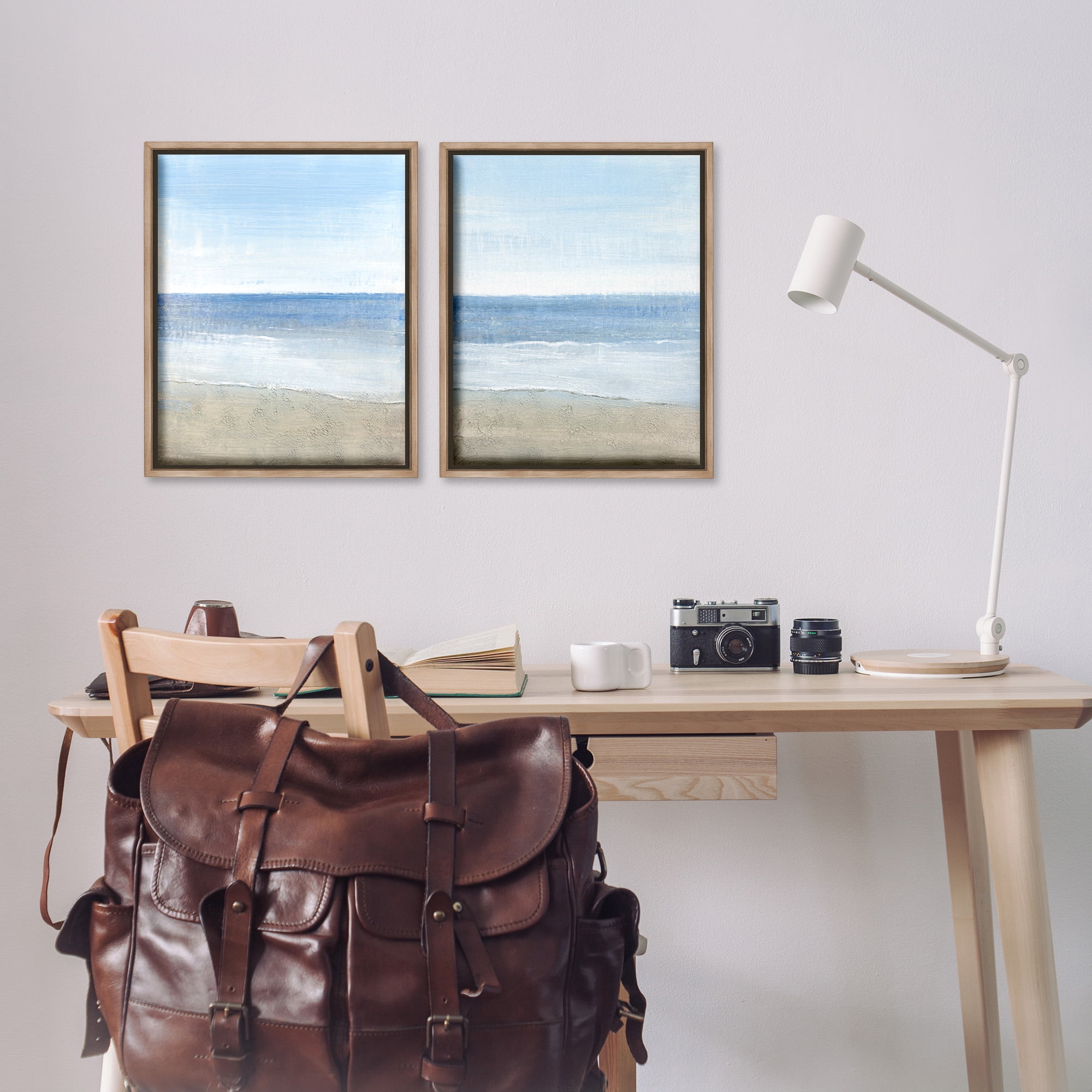 Stupell Industries Coastal Seafoam Beach Waves Nature Painting Brown Floater Framed Canvas Art Print Wall Art, 17 x 21, Set of 2