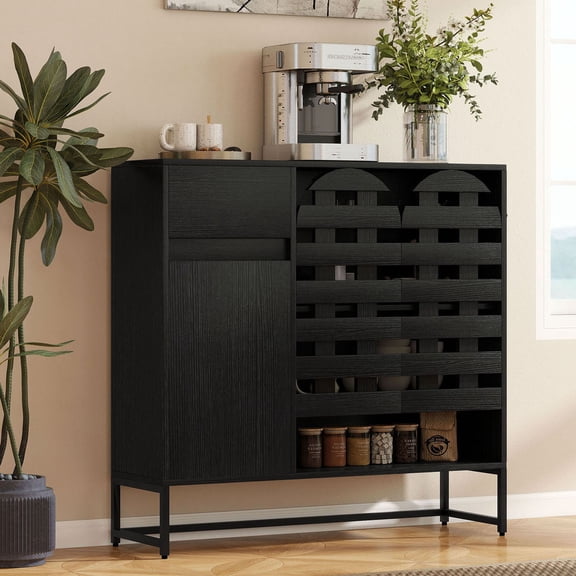 S-HOME Stylish Woven Buffet Cabinet with Adjustable Shelves Metal Legs for Versatile Storage in Living Room Dining Entryway, Black