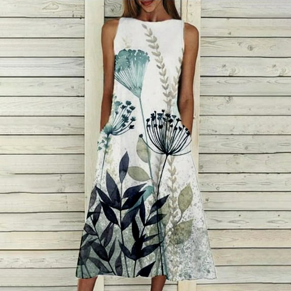 LoyisViDion Women Plus Size Dress Clearance Women Fashion Loose Sleeveless Pocket Long Dress O-Neck Print Retro Dress Green 14(XXL)