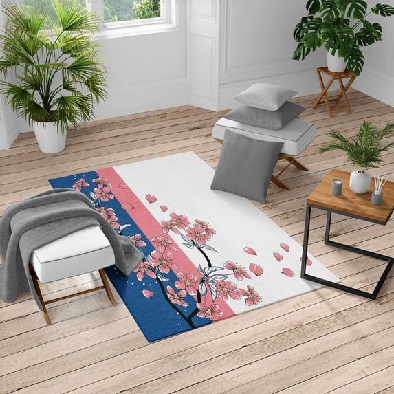 Japanese Turkish Area Rug, Romantic Sakura Blooms Flowers Petals Spring Wind Eastern Nature Theme, Soft Carpet for Living Room Decor with Distressed Look, 2.6' x 5', Pastel Pink, by Ambesonne