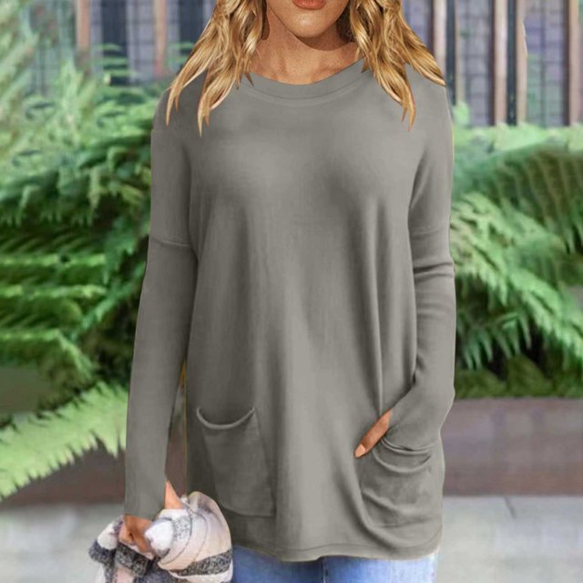 Femmes Manches Longues Tops Femme de Mode Manches Longues Tops Couleur Unie Col Rond Tops avec Poche