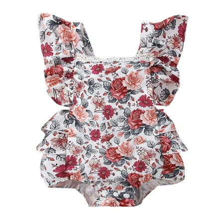 

CenturyX Newborn Baby Girls Romper Floral Print Ruffle Sleeveless Backless Snap Crotch Infant Girl Bodysuit Red 3-6 Months