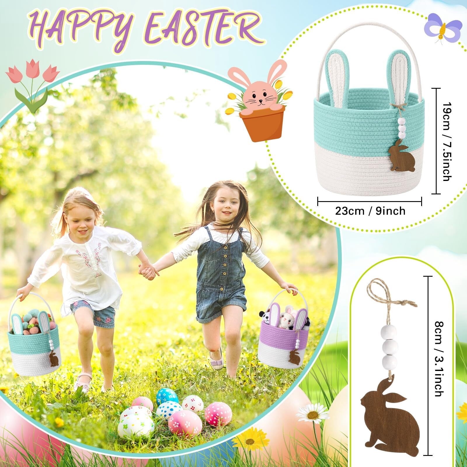 Easter Bunny Basket for Kids, Set of 2 Rabbit Ear Easter Basket with Rabbit Wood Bead Tags, Egg Hunt Bucket for Girls Boys(Yellow White)