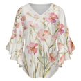 thumbnail image 5 of Pink Wildflowers Women's V-Neck Blouse With 3/4 Ruffled Bell Sleeves Casual Top Ladies Blouses, 5 of 7