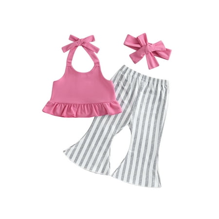

Toddler Baby Girl Clothes Halter Crop Top+Floral Bell Bottoms Flare Pants + Head Band Summer Outfits