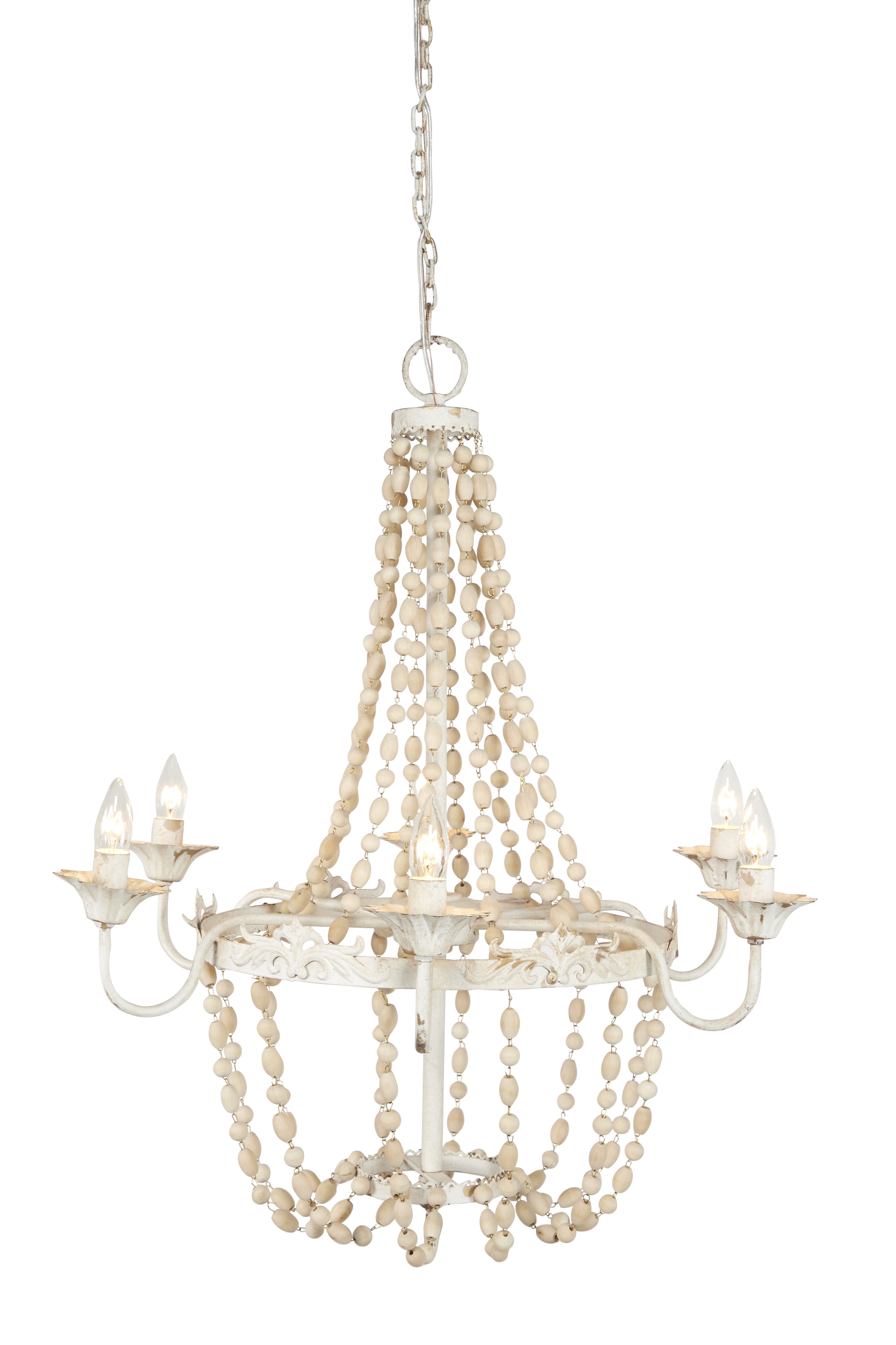Decmode - Large White Metal and Wood Bead Chandelier, 30” x 34”