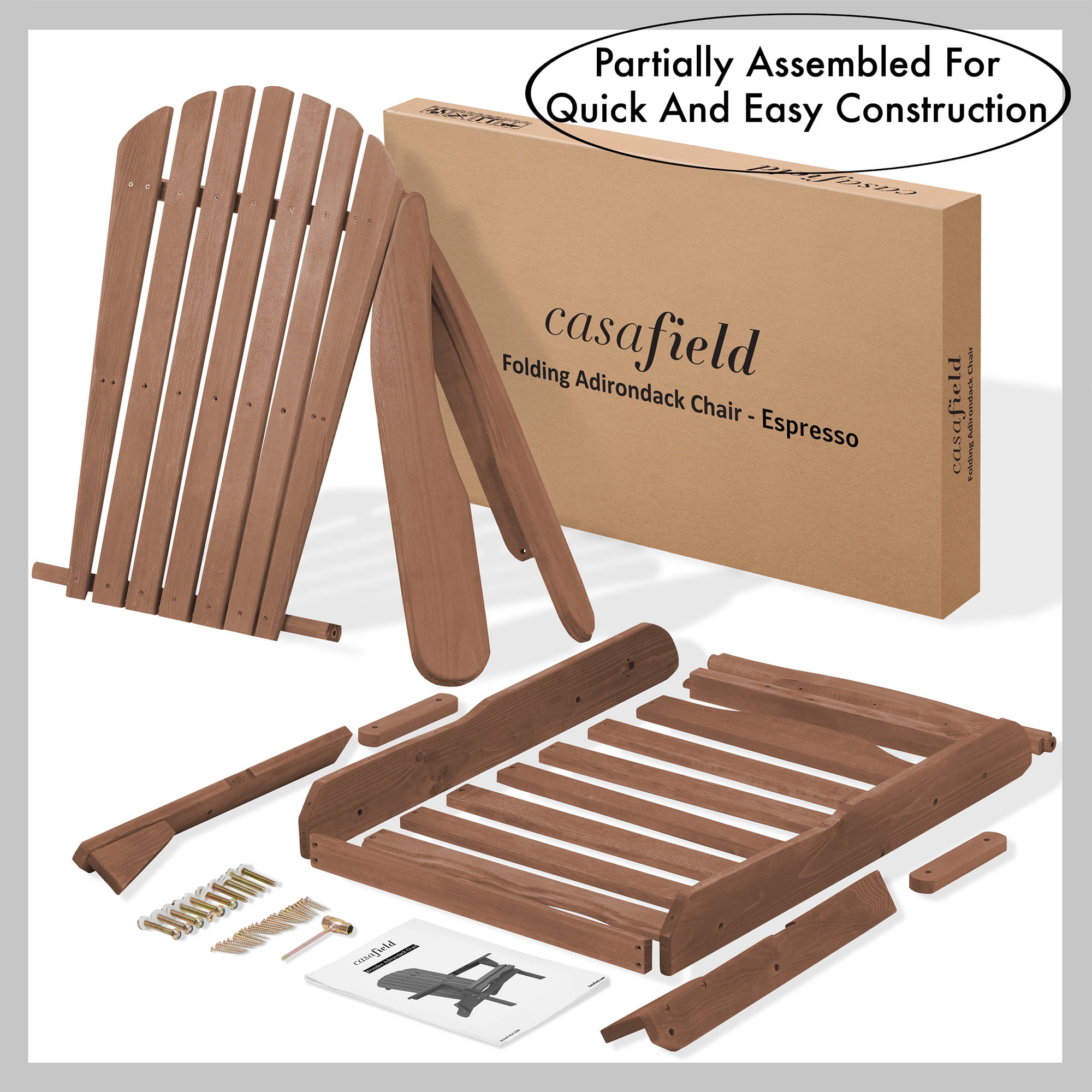 Casafield Folding Adirondack Chairs, Set of Two Cedar Wood Outdoor Fire Pit Lounge Chairs for Patio, Deck, Lawn and Garden Seating, Partially Pre-Assembled - Espresso