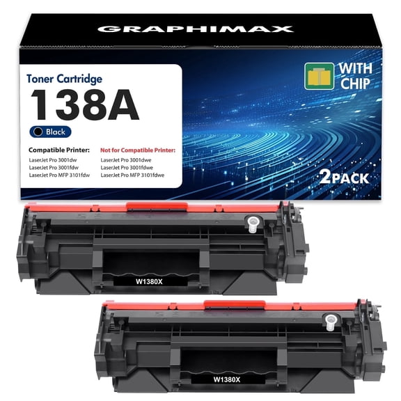 GraphiMax 138A W1380A With Chip Toner Cartridge Replacement Compatible for 138A W1380A 138X for Laserjet Pro 3001dw 3001fdw MFP 3101fdw Printer (2-Pack,Black)