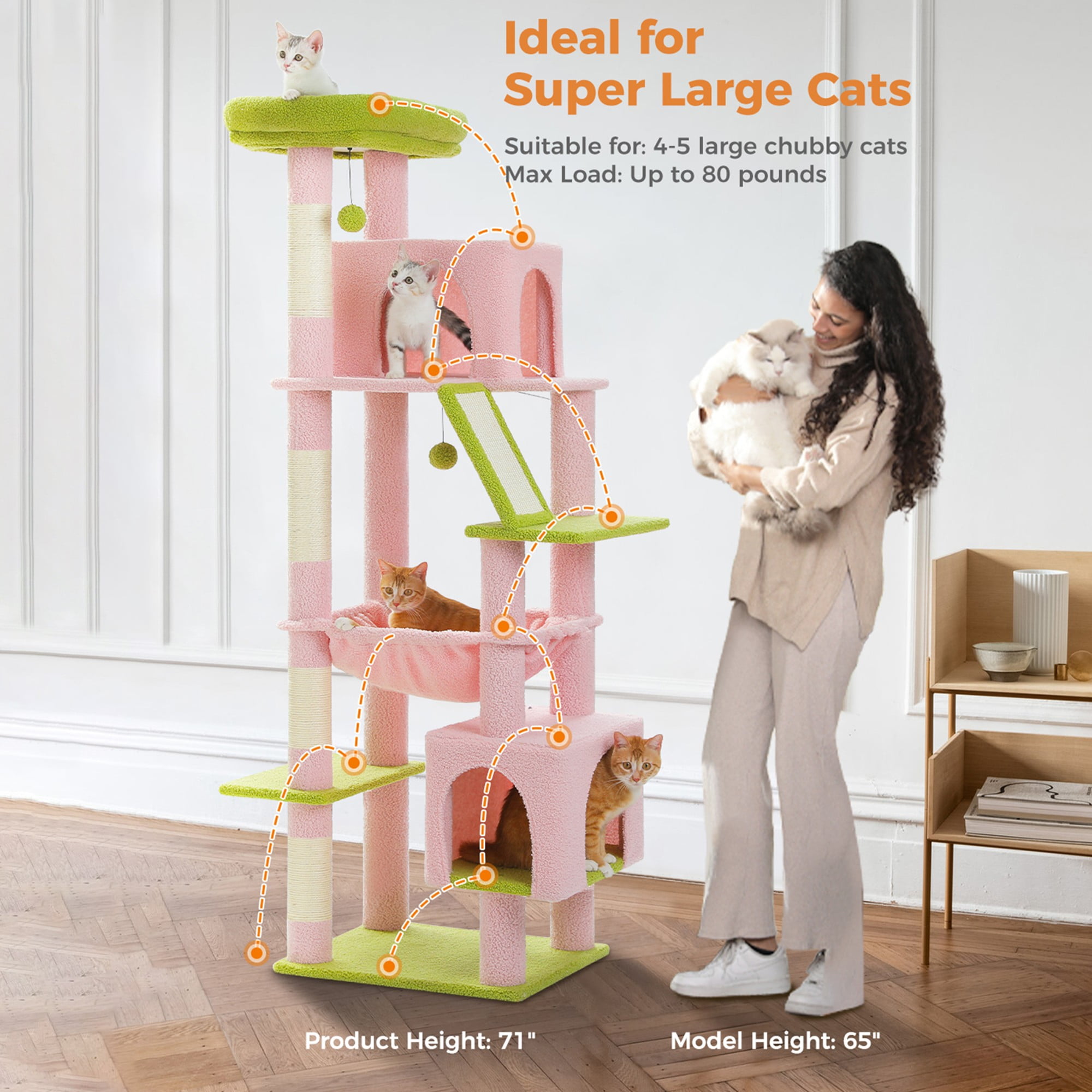 Kadyn 71" Large Cat Tree Tower for Indoor Cats, Multi-Level Cat Tree House with Padded Perches, Scratcher, Hammock, 2 Cozy Cat Condos and Scratching Posts, Pink