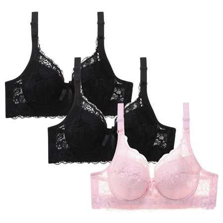WREESH Womens Lace Bralette Comfortable Everyday Push Up Bra Soft Padded Wireless Plunge Bra Adjustable Strap No Underwire Bras Underwear 3 Pack Black
