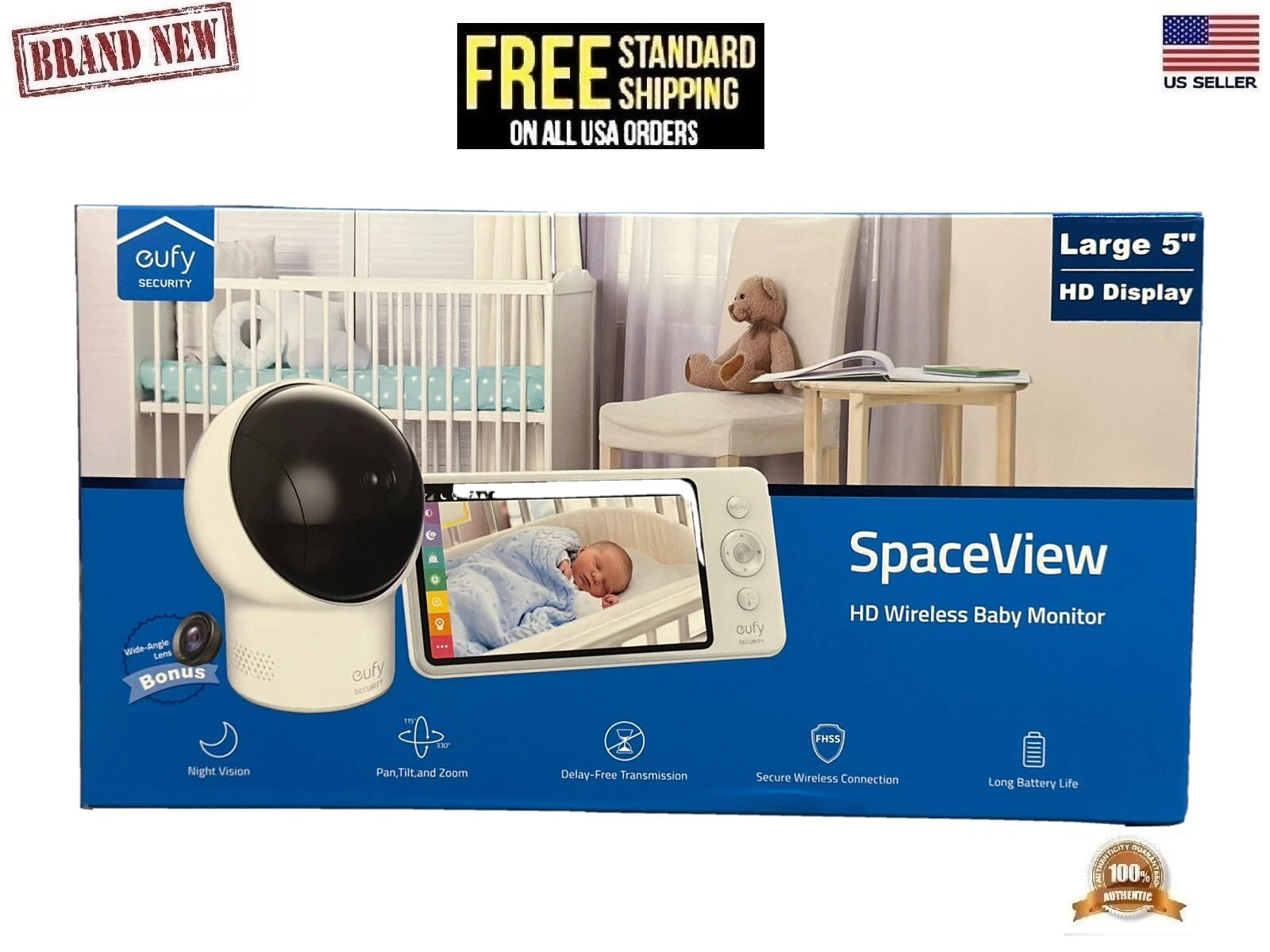 Eufy Security Spaceview Anker HD Resolution Indoor/Outdoor  Night Vision 5'' Camera Wireless Baby Monitor E110 Video and Audio T83001D2