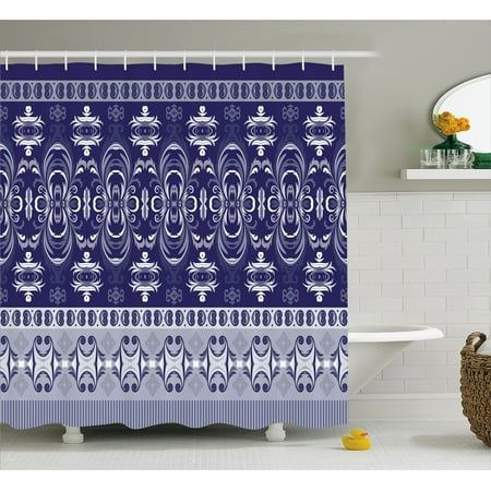 Navy Blue Shower Curtain Tribal Ehnic Style Fl Horizontal Navy Blue Shower Curtain Tribal Ehnic Style Fl Horizontal Design Image Artwork Fabric Bathroom