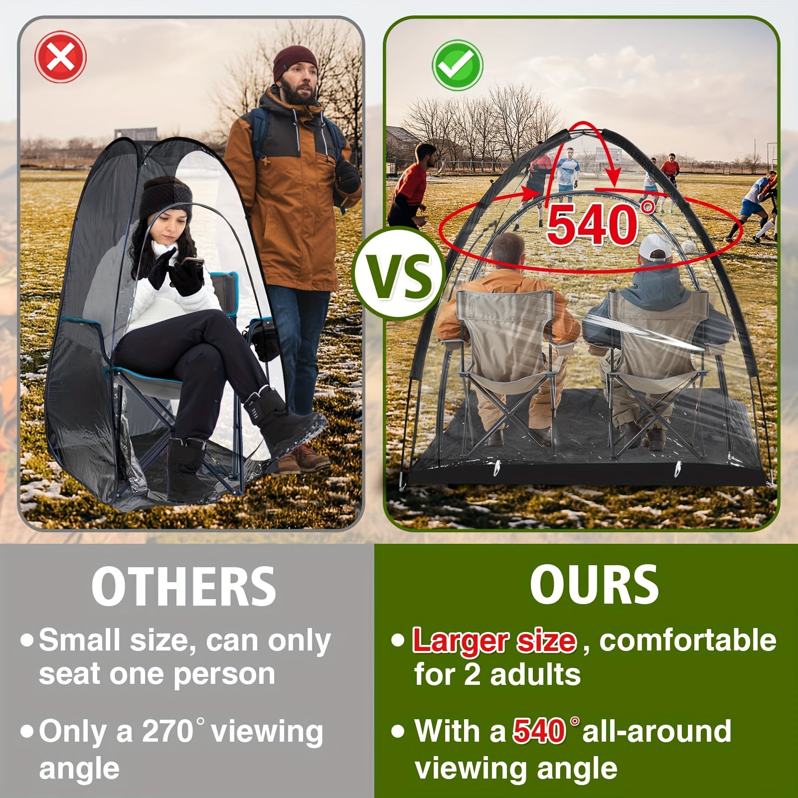Panoramic transparent waterproof tent, lightweight and large 1-3 person tent for sports, outdoor cleaning tent, rain shelter for watching sports events, camping, fishing, suitable for all seasons
