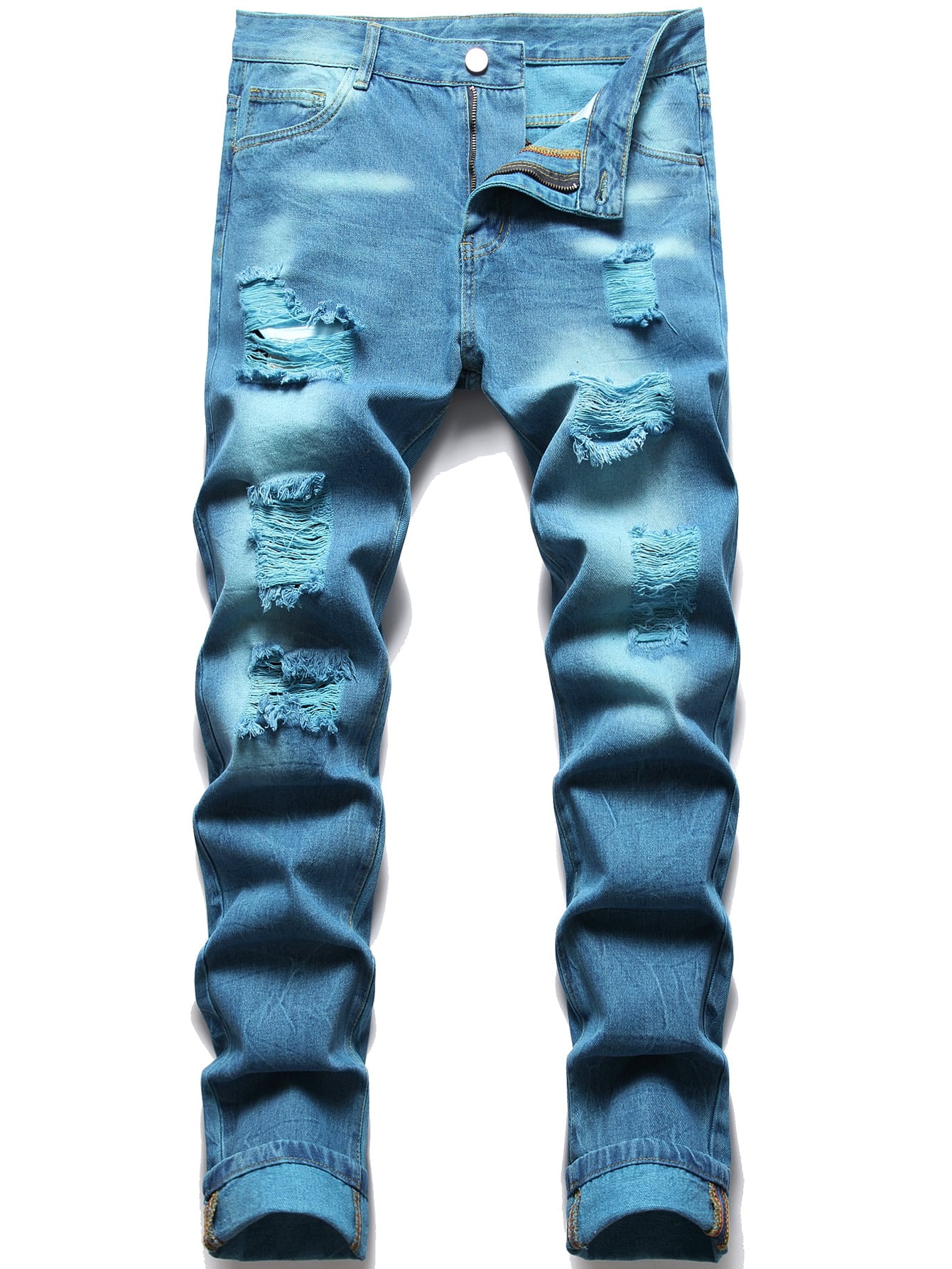 Men Ripped Stacked Jeans 38 Medium Wash 