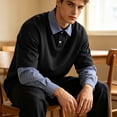 thumbnail image 5 of TOUMENY Men's Plaid Shirts Casual Button Down Long Sleeve Oversized Tops Lightweight Fashion Solid Lapel Collar Pullover Tee Black M, 5 of 7