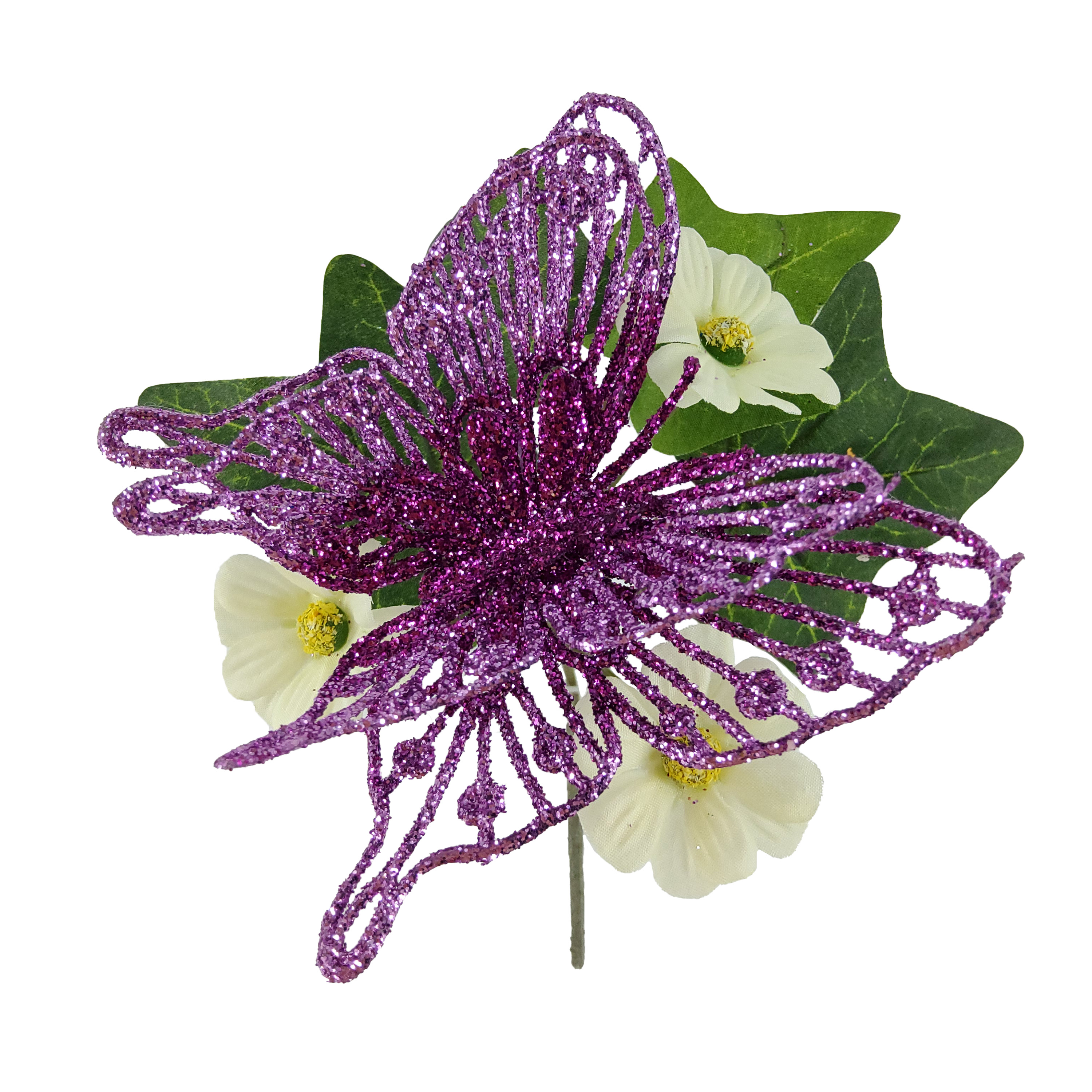 Mainstays 8 in Outdoor Artificial Floral Pick, Purple Camellia with White Accent and Butterfly Decoration