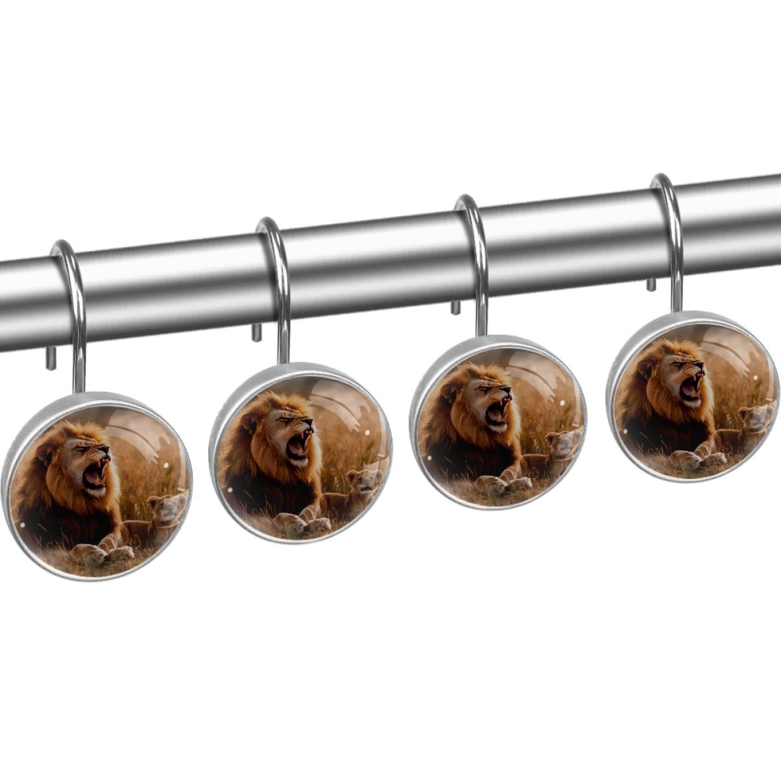Lion and Cubs on Prairie Shower Curtain Hooks Round Crystal Glass, Set of 12 Shower Curtain Rings - Shower Hooks for Curtain Shower Rings