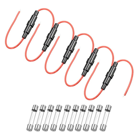 5 Pcs 5x20mm Inline Screw Type Fuse Holder 22 Gauge AWG Red Wire with 10 Pcs 10A Fast Blow Glass Fuses