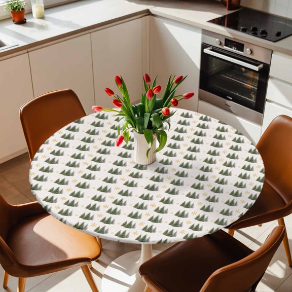 Round Fitted Tablecloth with Elastic Edge, Xmas Tree Winter Snowflake Fitted Table Cloth for Round Tables 36-44in, Green Christmas Trees Waterproof Tablecloth for Outdoor Picnic Party
