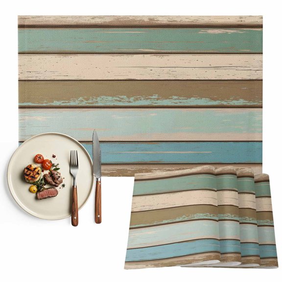 Green Blue Brown Farmhouse Placemats Set of 4, Vintage Wood Washable Wipeable Table Mats for Dining Tables, Indoor Outdoor Kitchen Place Mats for Holiday Party Table Decor