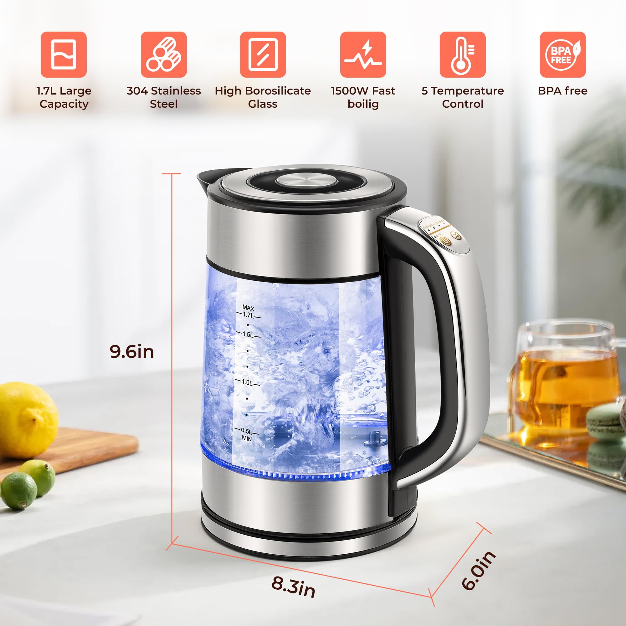 Electric Kettle Temperature Control with 4 Presets, Keep Warm 1.7L Electric Tea Kettle & Hot Water Boiler, Auto-Off & Boil-Dry Protection, BPA Free