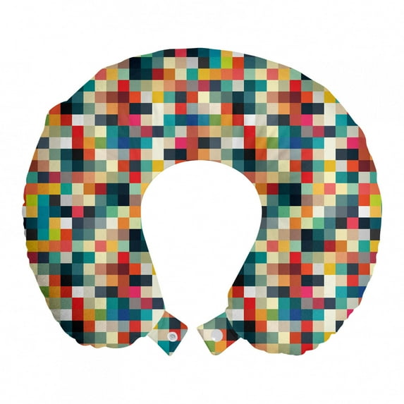Geometric Travel Pillow Neck Rest, Pixel Art Inspired Checkered Squares Grid Illustration Colorful Abstract Design, Memory Foam Traveling Accessory Airplane and Car, 12", Multicolor, by Ambesonne