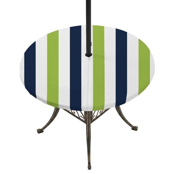 Round Outdoor Tablecloth with Umbrella Hole and Zipper, Green Navy Blue Striped Tablecloth with Elastic Waterproof, Farmhouse Stripe Art Patio Table Covers for 31" - 35" Picnic Pool Tables