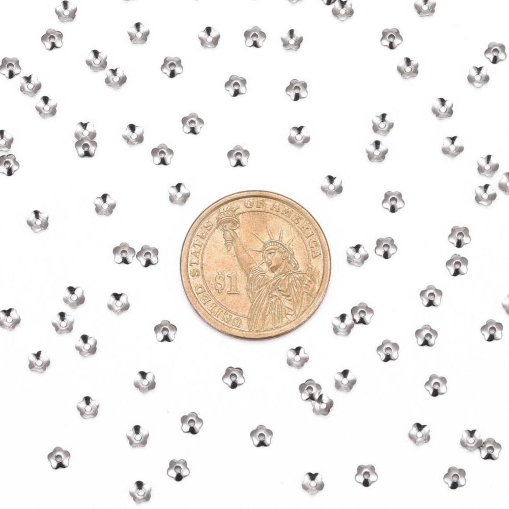 Tarnish Resistant 5-Petal 316 Surgical Stainless Steel Bead Caps Stainless Steel color 4x1mm Hole: 1mm