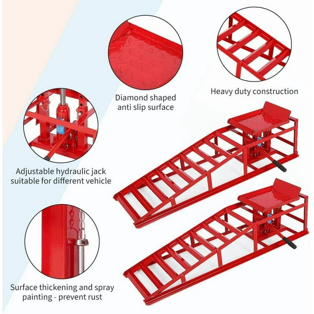 QinaQin Hydraulic Vehicle Maintenance Ramp Kit (2 Pieces), Low-Profile Car and Truck Lift Ramp, Height Adjustable, 5-Ton Load Capacity