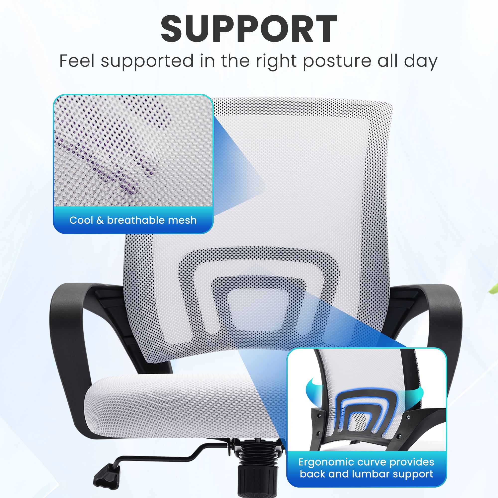 JONPONY Ergonomic Office Chair，Swivel Desk Chair with Lumbar Support, Adjustable Height with Armrests for Adults,White