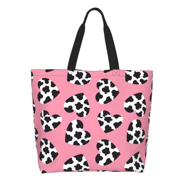 Fotbe heart with cow Bolsa Tote Estética de Lona con Estampado para Mujer - Bolsa Reutilizable de Hombro Casual para Vacaciones, Compras, Trabajo y Gimnasio