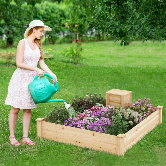 Amijoy Raised Fir Wood Garden Bed, 49" x 49" x 10" Open Base Garden Bed with Composting Bin, Backyard Patio Planter Box for Vegetables