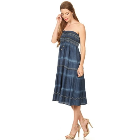 Fit and Flare Tiered Layers Denim Skirt or Midi Dress Smocked Strapless Top