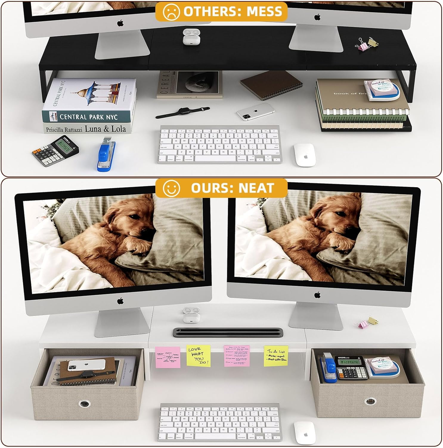 Dual Monitor Stand Riser with 2 Drawers - 39Inch Large Storage Computer Monitor Stands for 2 Monitors, Wooden Desktop Organizer Perfect for Home Office Desk, Computer, Laptop, TV, White