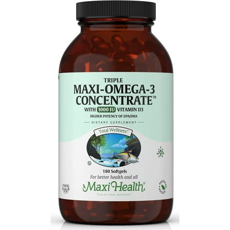 Maxi Health Triple Omega-3 – Heart, Brain & Joint Health Support – Fish Oil + Vitamin D3 – 180 Softgels