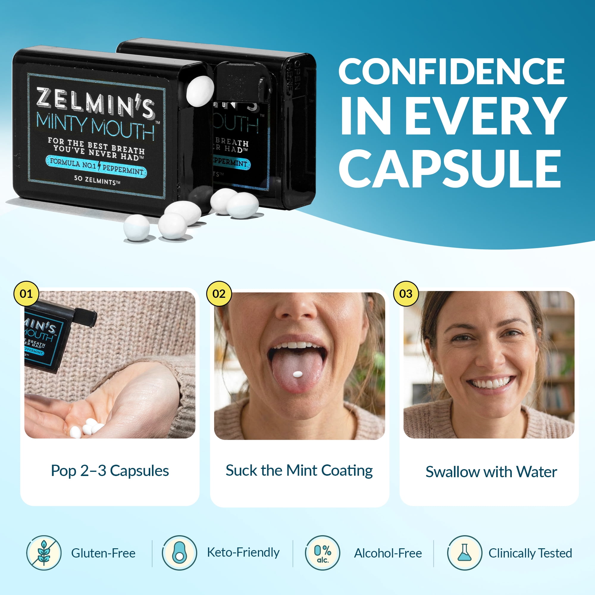 Zelmin's Minty Mouth Breath Freshener 3 Pack Long Lasting Bad