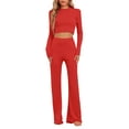 thumbnail image 2 of Conjuntos de lounge para mujeres INSPIRE CHIC, top corto de manga larga, pantalones de campana con pliegue, pijama casual de 2 piezas, XS, rojo, 2 of 5