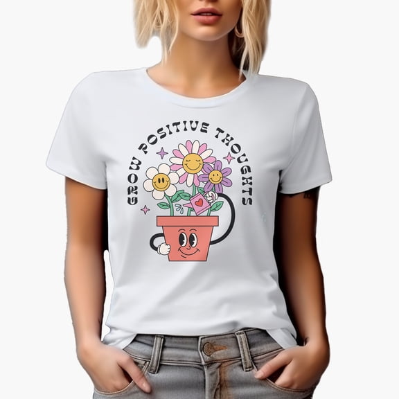 Distressed Grow Positive Thoughts - Retro Flower Plant Art Merch Gift, White T-Shirt, Small