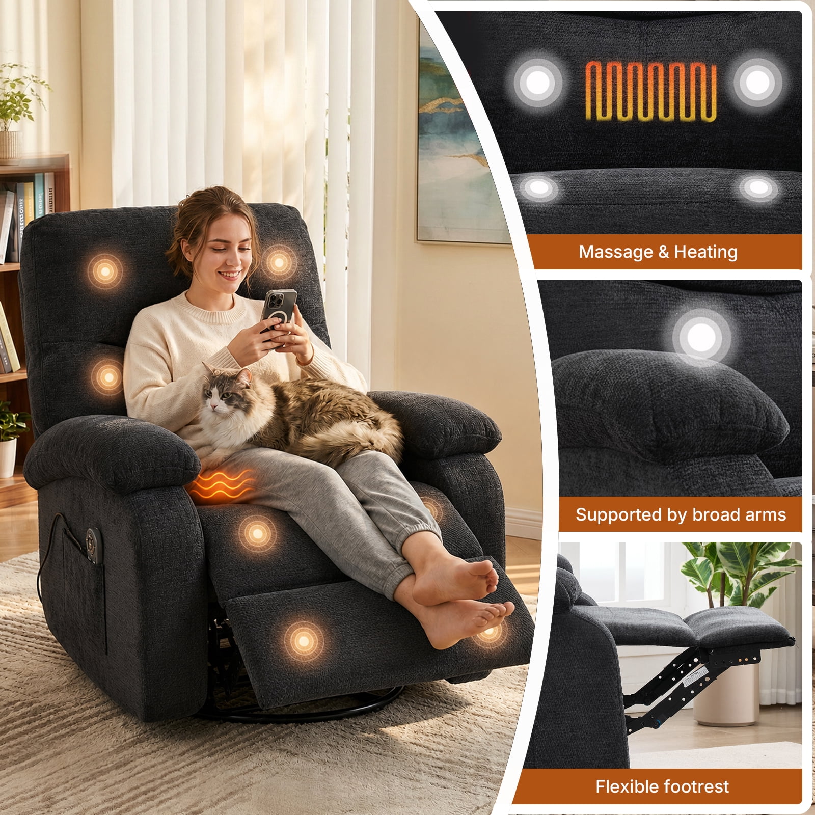 360 Swivel Manual Recliner Chair with Heat and Massage, Overstuffed Comfy Ergonomic Recliner for Elderly Seniors, Lumbar Back Pain Relief w/Pockets, Home Theater Living Room, Black