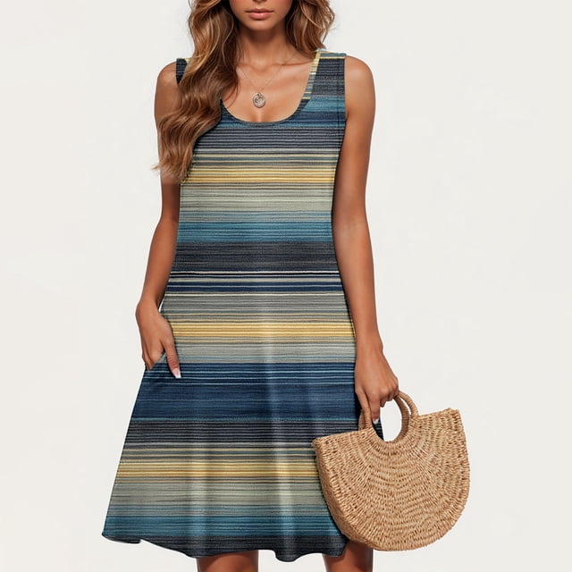 Ovzne Robes pour Femmes Robe Femme Décontractée Grande Taille Sans Manches Col Rond Rayée Courte Robe d'Été Liquidation