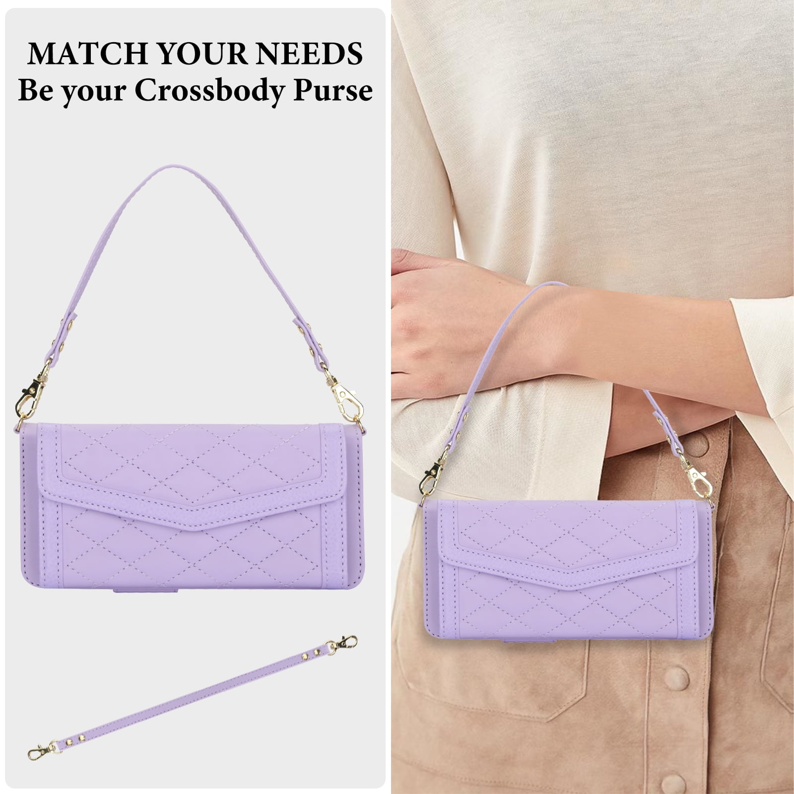 for Samsung Galaxy Z Fold 4 Case Wallet with S Pen Holder for Women, 12 Card Holder & 2 Cash Pocket & Shoulder Strap & Wristlet Flip Stand PU Leather Phone Case with RFID Blocking, Lightpurple