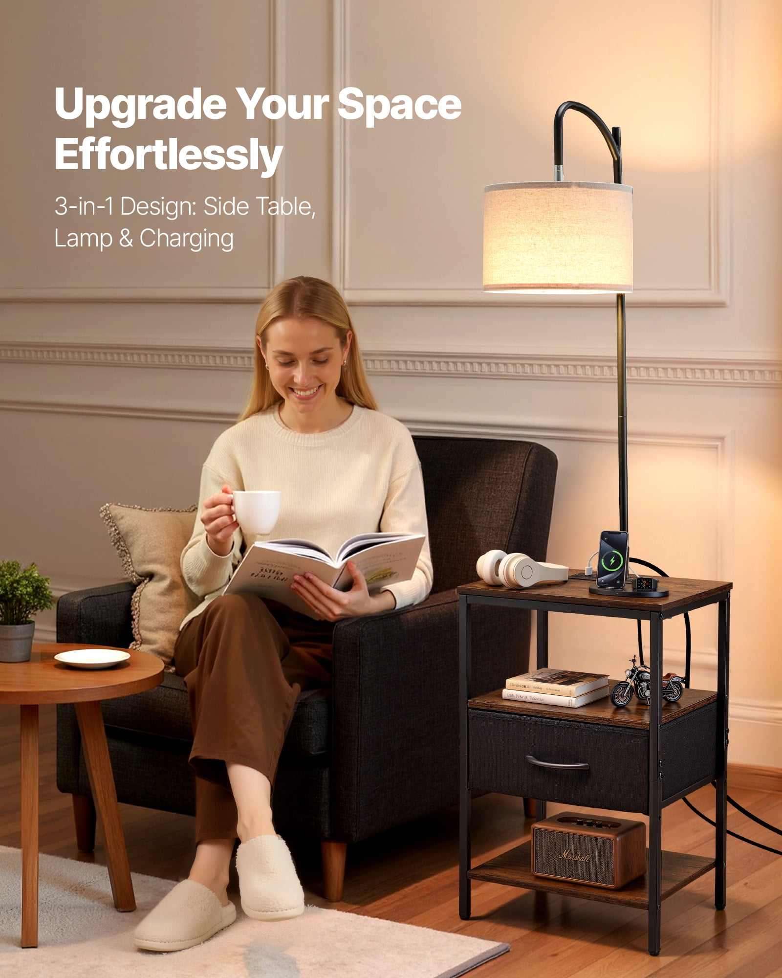 VEVOR Floor Lamp with Table, 3-Tier End Table with Drawer and 3 Color Temperature Lighting, Modern Side Nightstand Bedside Desk with USB & Type C & AC Charging Port for Living Room, Bedroom, Dorm